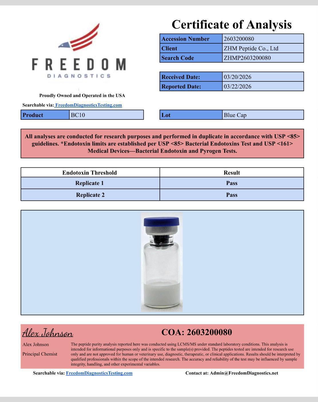 Example Certificate of Analysis showing accession number, lot, methods statement, endotoxin results table, sample vial photograph, and authorized signatory